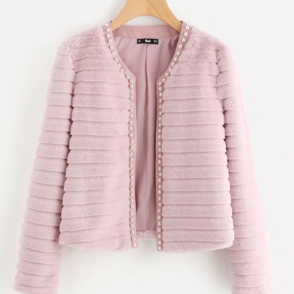 Pearl Beading Textured Faux Fur Coat